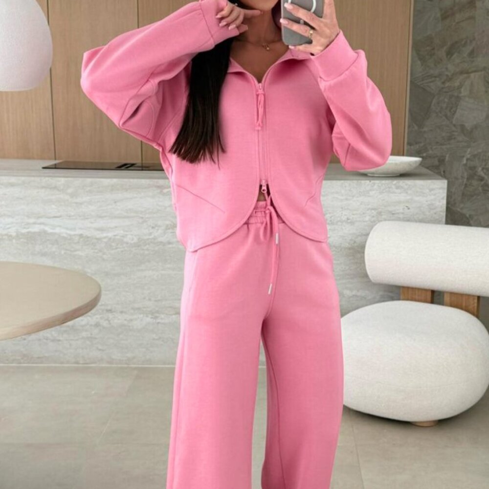 B314 Pink Solid Zip Up Hoodie and Drawstring Loose Pants Set